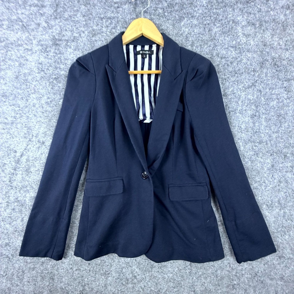 Zinga Blazer Jacket Womens Large Blue Peak Lapel Single Breasted Preppy Office